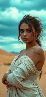 A woman in a desert with windswept hair and cloudy sky.