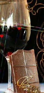 Glass of wine with chocolate bar on elegant wallpaper.