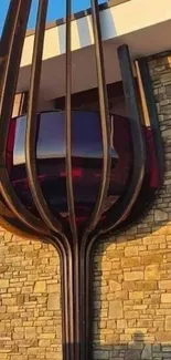 Unique wine glass architectural design on a stone building.