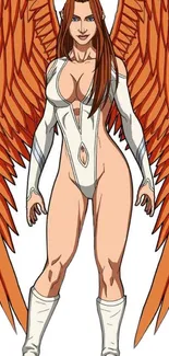 Stunning winged angelic character with vibrant orange wings and sleek white attire.