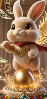 Whimsical winged bunny with golden wings and red cape in fantasy setting.