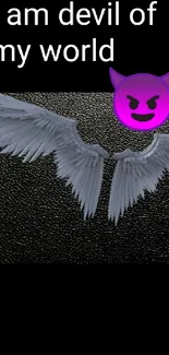 Dark wallpaper with wings and a purple devil emoji.