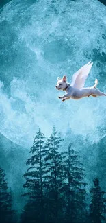 Winged dog flying against a vibrant full moon backdrop with teal blue hues.