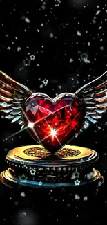 Mobile wallpaper with a winged gem heart on a starry black background.