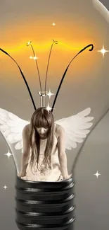 Winged girl sitting inside a lightbulb, creating a surreal fantasy scene.