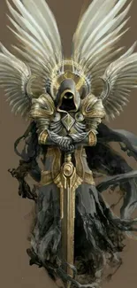 Fantasy winged guardian with sword and ethereal design.