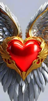 3D heart with golden accents and silver wings wallpaper.