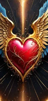 Heart with golden wings on dark background wallpaper.