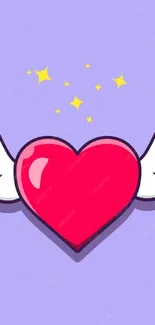 Colorful cartoon heart with wings on lavender background.