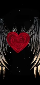 Mobile wallpaper with heart and wings in dark theme.