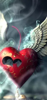 Vibrant red heart with wings and mystical smoke background.