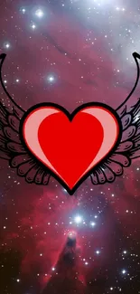 Winged heart against a nebula sky background with stars.