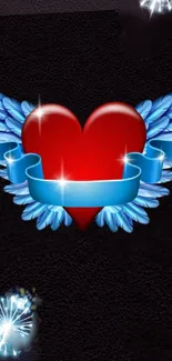 Mobile wallpaper with a red heart and blue wings on a dark background.