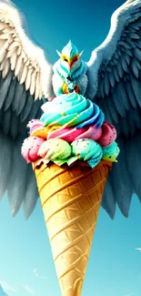 Fantasy wallpaper with winged bird on colorful ice cream cone.