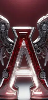 Metallic letter A with wings and crimson background.
