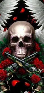 Winged skull with roses and guns in gothic art style.