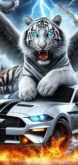 Winged tiger on a car with lightning and fire background.