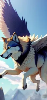 Flying winged wolf in a clear sky fantasy scene.