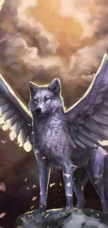 Winged wolf stands majestically with ethereal wings in a fantasy setting.