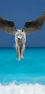 Winged wolf above a vibrant turquoise ocean under a deep blue sky.