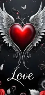 Red heart with wings and roses on dark background.