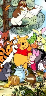 Winnie the Pooh and friends in a forest scene.