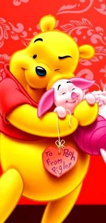 Winnie the Pooh hugging Piglet with floral red background.