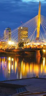 Winnipeg night cityscape with illuminated bridge and reflections on water.