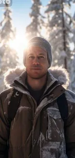 Person enjoying winter in snowy forest.