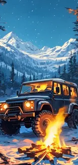 Offroad vehicle in snowy mountains with campfire