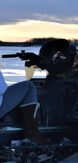 Snowmobile ride at sunset with winter landscape in the background.