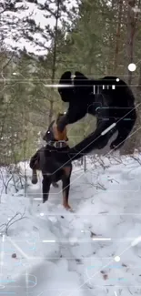 Bear and dog in snowy forest scene.