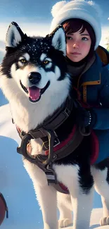 Girl and husky on a snowy mountain with blue sky.