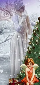 Winter angel by a decorated Christmas tree with snowflakes.