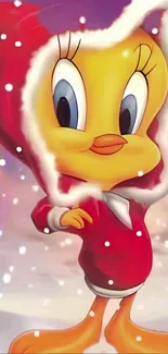 Cartoon character in red snow outfit, winter scene background.