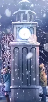 Anime winter scene with clock tower and falling snow.