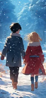 Anime couple walking in a snowy forest, holding hands during winter.