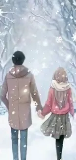 Anime couple walking in snowy forest, holding hands.