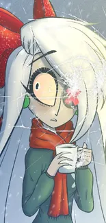 Anime girl with white hair and red bow in snowy winter setting.