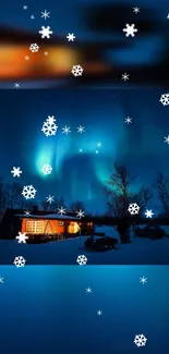 Aurora borealis over cabin with snowflakes, creating a serene winter scene.