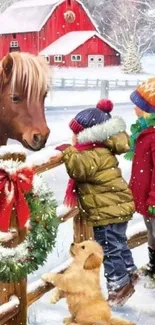 Children at a snowy farm with a horse and red barn in winter.