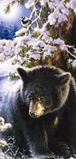 Black bear resting in snowy forest with cabin and snow-covered trees.