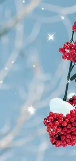 Red berries with snow against a blue winter sky on mobile wallpaper.