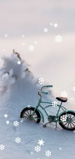 Vintage bicycle on snowy landscape with falling snowflakes in winter.