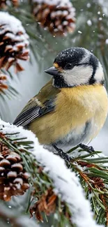 Bird perched on snowy pine branch in winter.