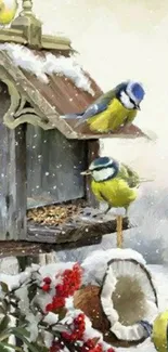 Colorful birds on a birdhouse in snowy winter landscape.