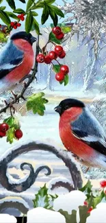 Colorful birds in snowy winter scene with berries on branches.