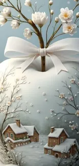 Winter scene on vase with flowers and snow cottages.