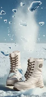 Winter boots on icy landscape with flying ice shards.