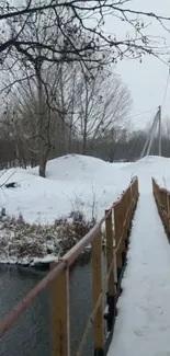 Snow-covered bridge over a winter stream in a serene landscape.